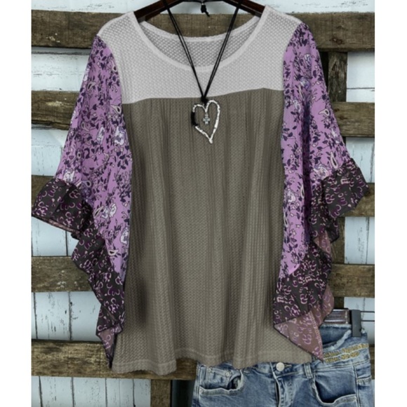 Waffle Knit Color Block Top with Sheer Floral Sleeves - Picture 1 of 9